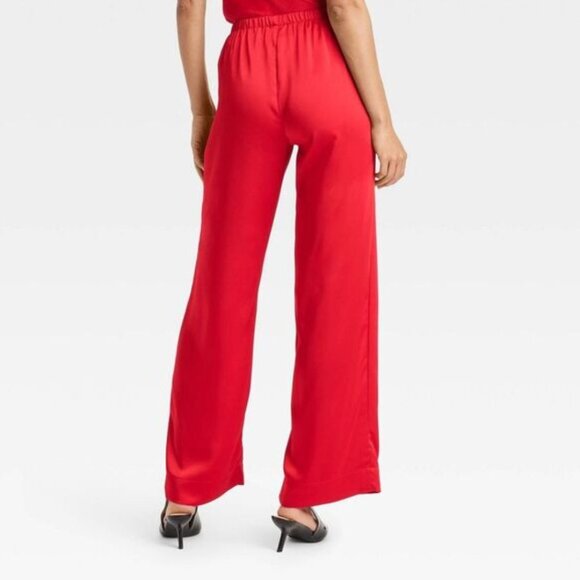 A New Day - Women's Mid-Rise Straight Leg Satin Pull-On Pants Red L - Picture 2 of 8